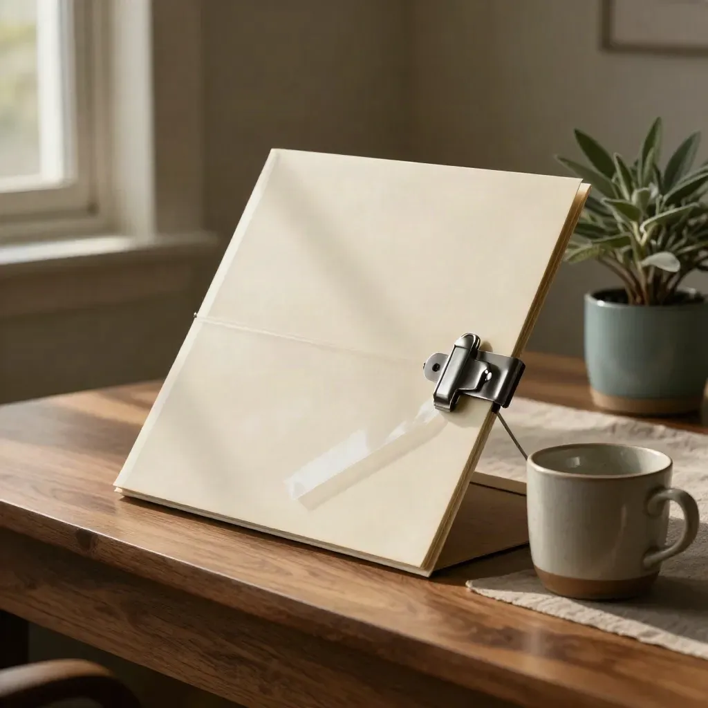 Zamknięty folder oferty usług, klips, kubek i mała roślina na drewnianym biurku.
